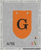 A taped needlepoint canvas with the design: Banner 13 mesh count Rounded G Black on Orange.