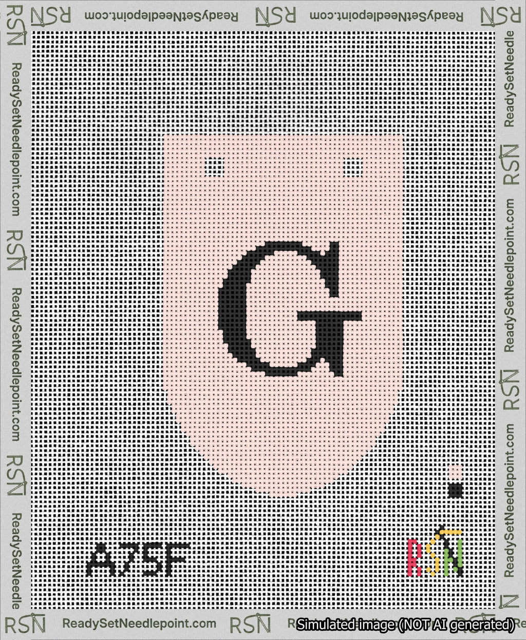 A taped needlepoint canvas with the design: Banner 13 mesh count Rounded G Black on Pink.