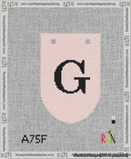 A taped needlepoint canvas with the design: Banner 13 mesh count Rounded G Black on Pink.