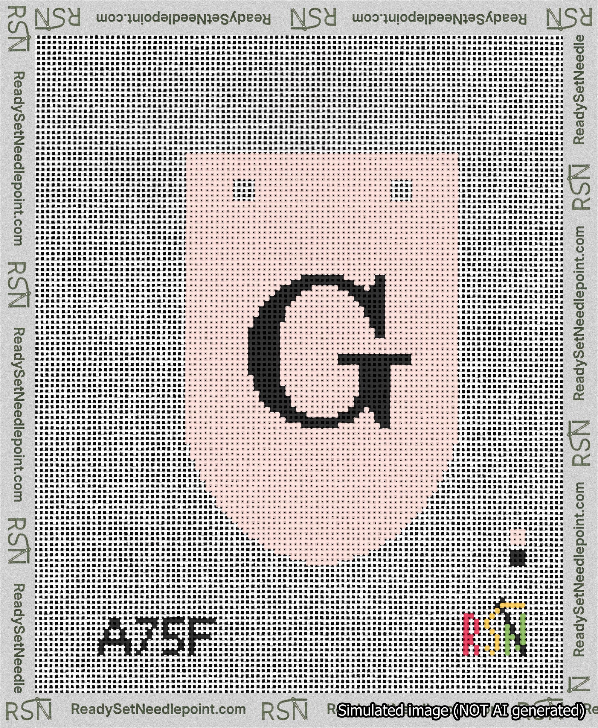 A taped needlepoint canvas with the design: Banner 13 mesh count Rounded G Black on Pink.