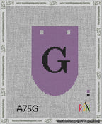 A taped needlepoint canvas with the design: Banner 13 mesh count Rounded G Black on Purple.