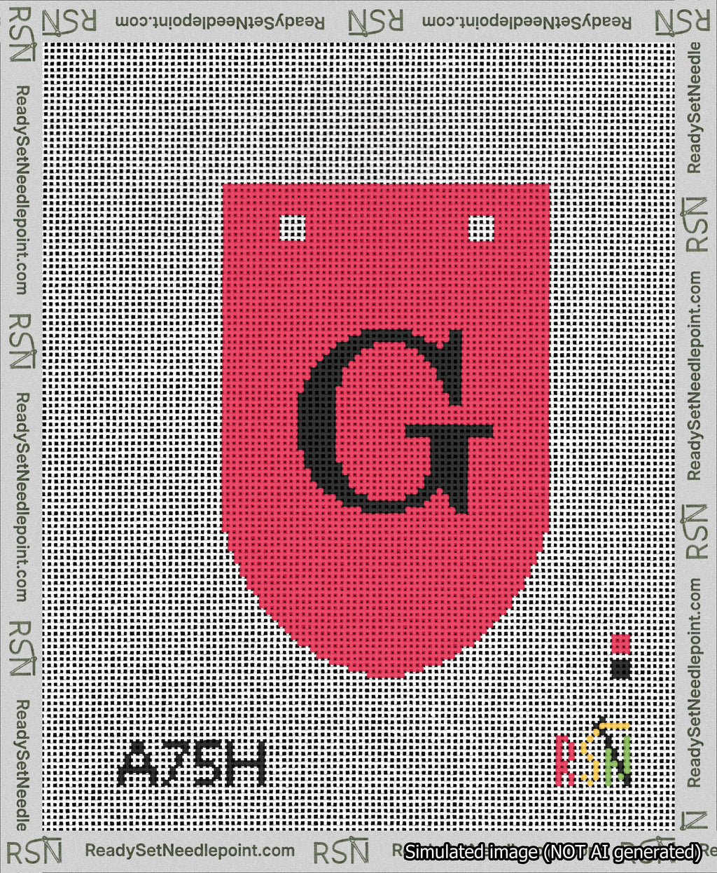 A taped needlepoint canvas with the design: Banner 13 mesh count Rounded G Black on Red.