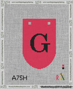 A taped needlepoint canvas with the design: Banner 13 mesh count Rounded G Black on Red.