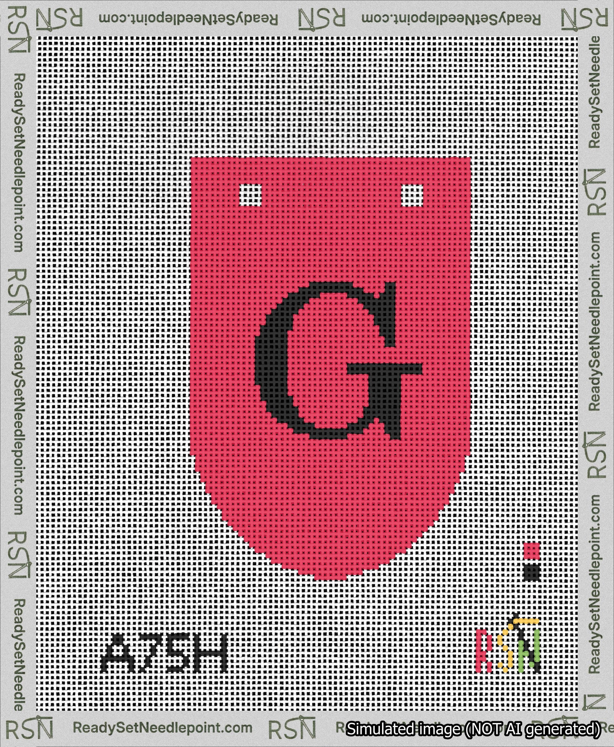 A taped needlepoint canvas with the design: Banner 13 mesh count Rounded G Black on Red.