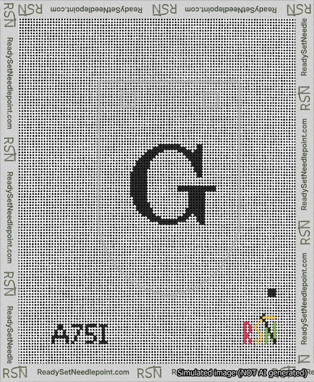 A taped needlepoint canvas with the design: Banner 13 mesh count Rounded G Black on White.