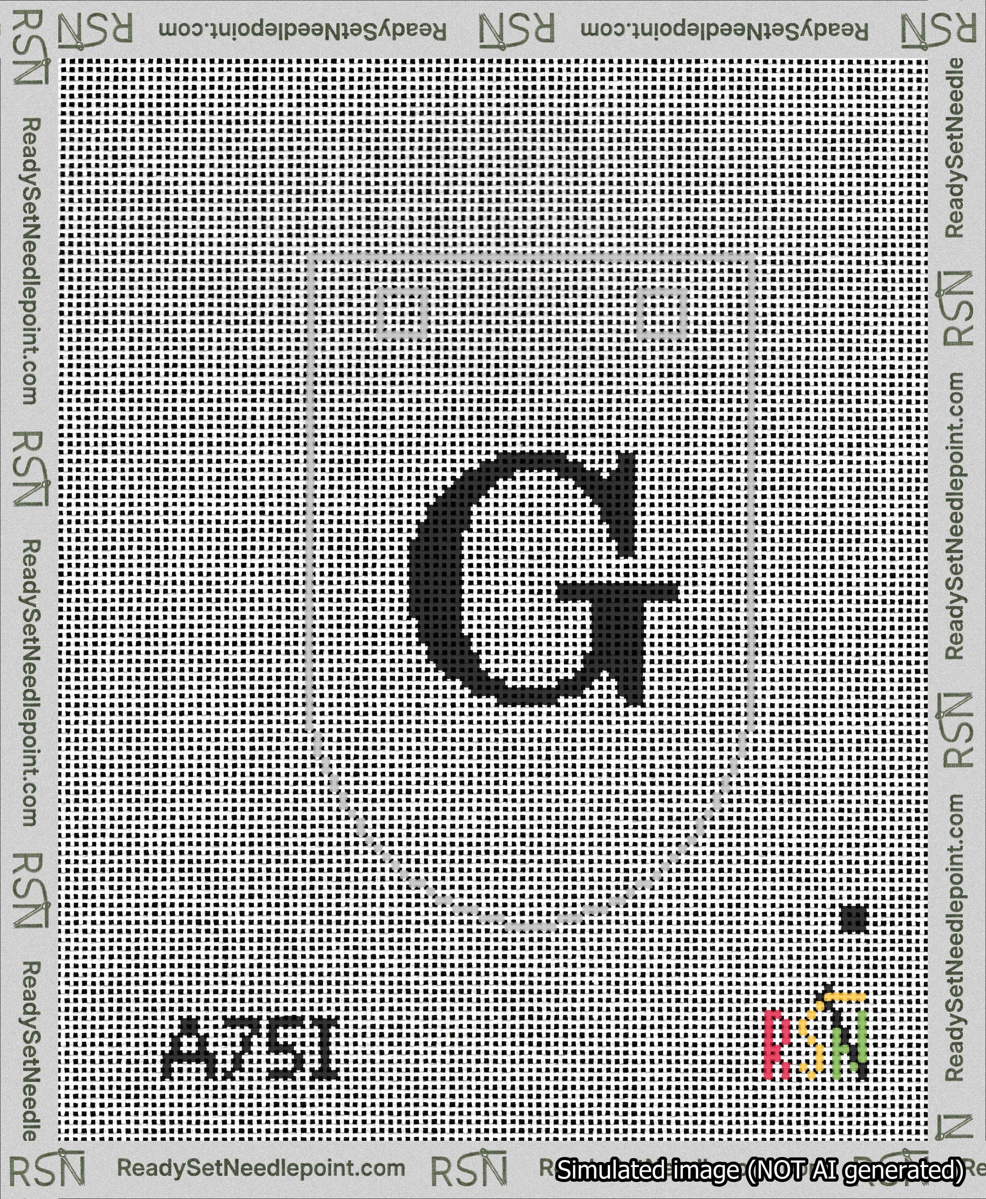 A taped needlepoint canvas with the design: Banner 13 mesh count Rounded G Black on White.