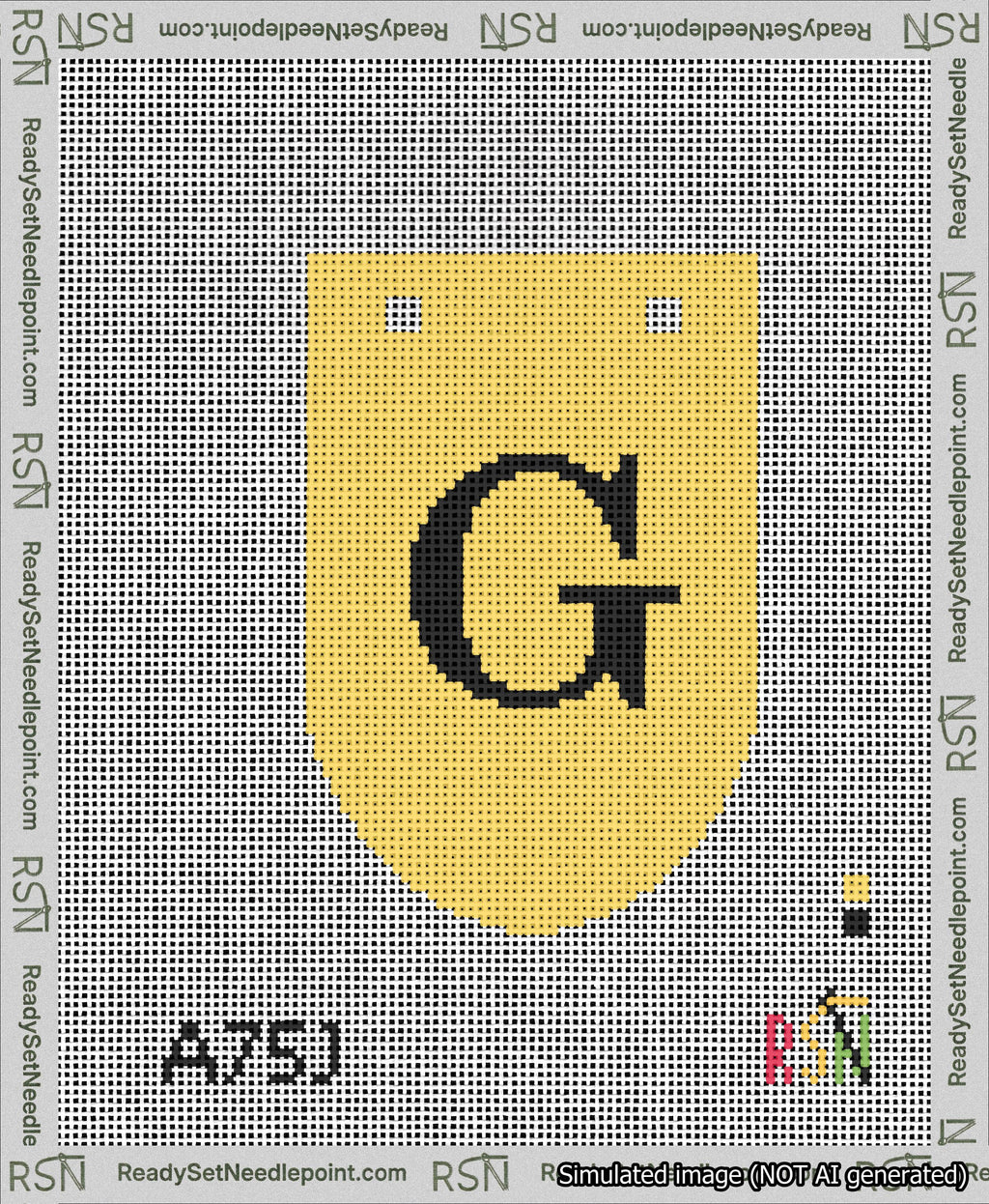 A taped needlepoint canvas with the design: Banner 13 mesh count Rounded G Black on Yellow.
