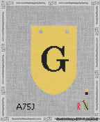 A taped needlepoint canvas with the design: Banner 13 mesh count Rounded G Black on Yellow.