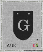 A taped needlepoint canvas with the design: Banner 13 mesh count Rounded G White on Black.