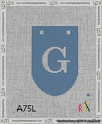 A taped needlepoint canvas with the design: Banner 13 mesh count Rounded G White on Blue.