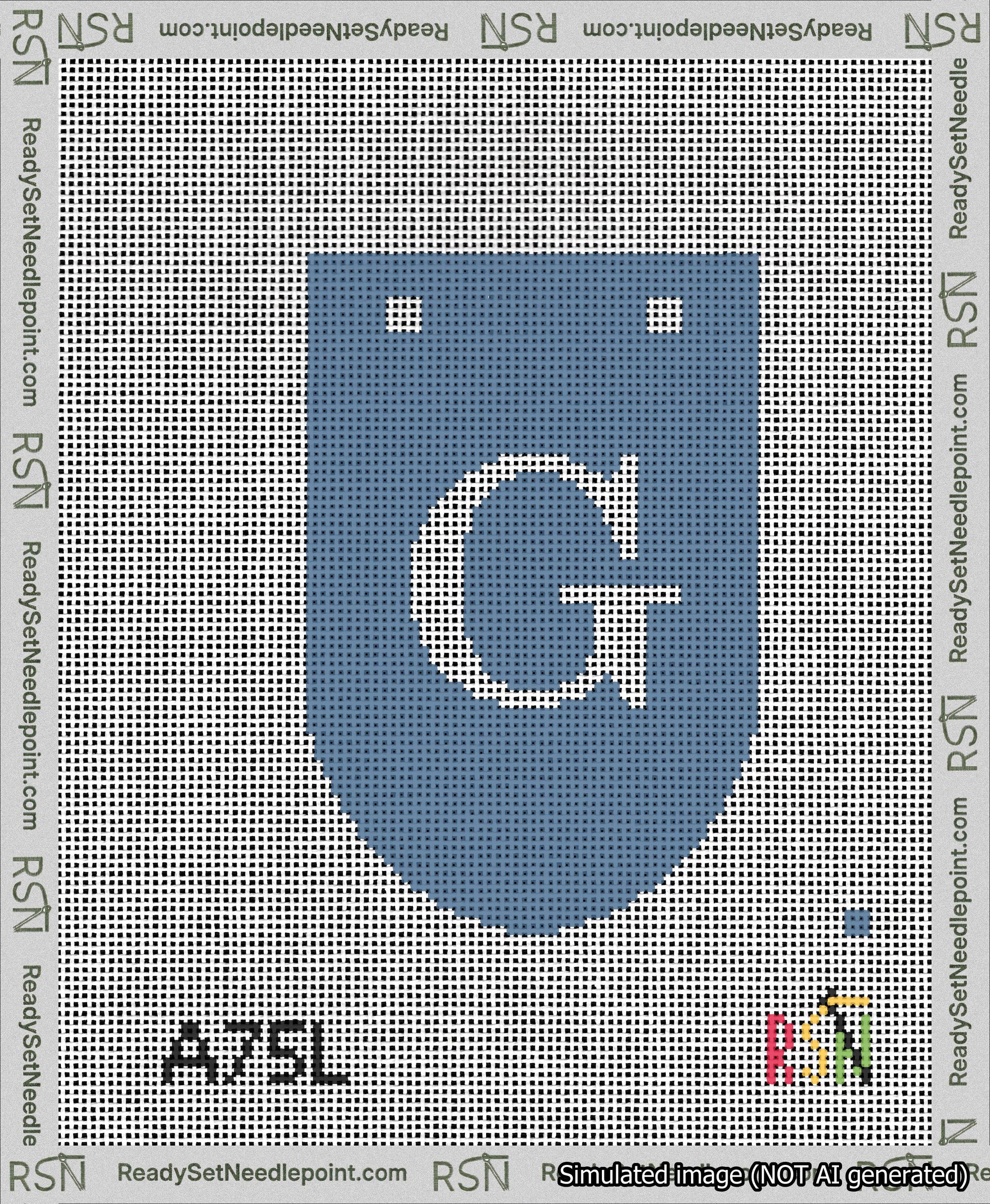 A taped needlepoint canvas with the design: Banner 13 mesh count Rounded G White on Blue.