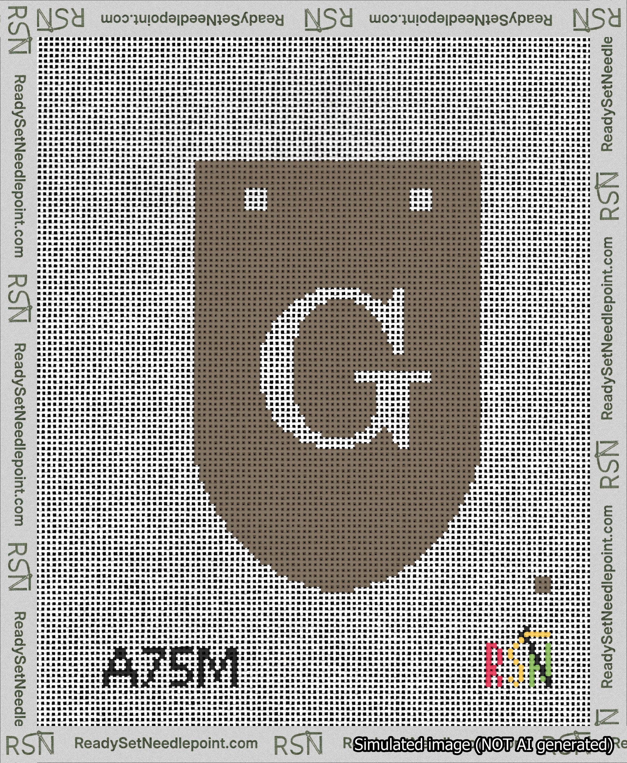 A taped needlepoint canvas with the design: Banner 13 mesh count Rounded G White on Brown.