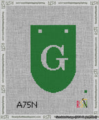 A taped needlepoint canvas with the design: Banner 13 mesh count Rounded G White on Green.