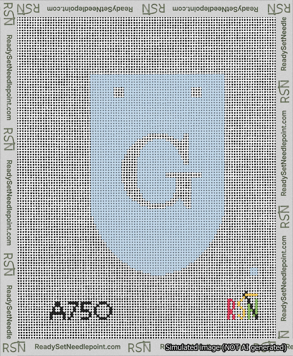 A taped needlepoint canvas with the design: Banner 13 mesh count Rounded G White on Light Blue.