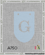 A taped needlepoint canvas with the design: Banner 13 mesh count Rounded G White on Light Blue.