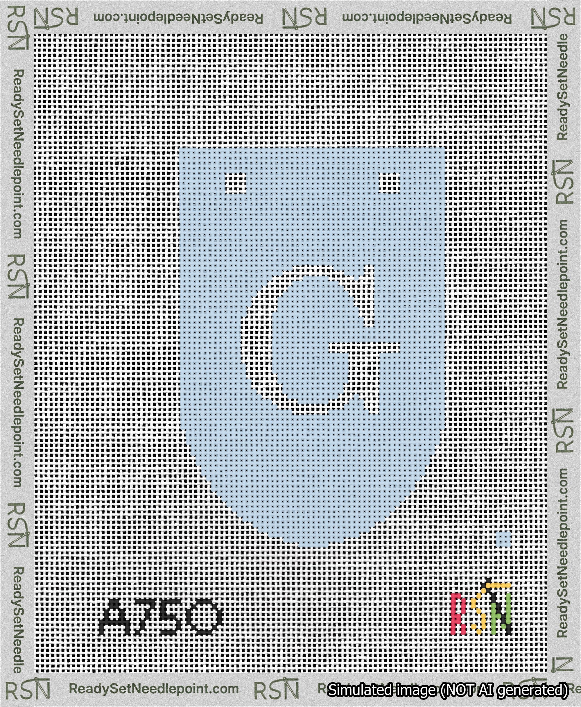 A taped needlepoint canvas with the design: Banner 13 mesh count Rounded G White on Light Blue.