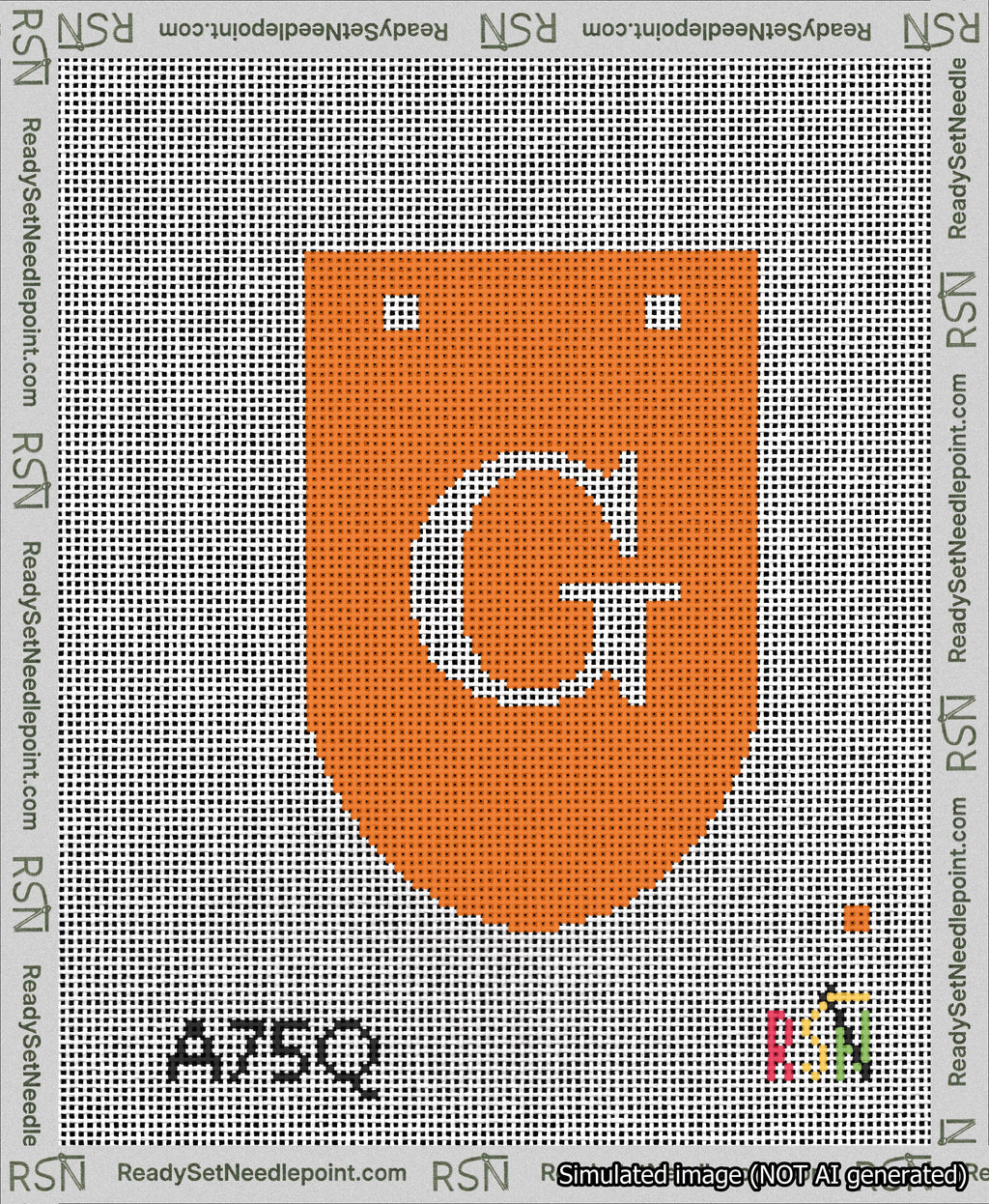 A taped needlepoint canvas with the design: Banner 13 mesh count Rounded G White on Orange.