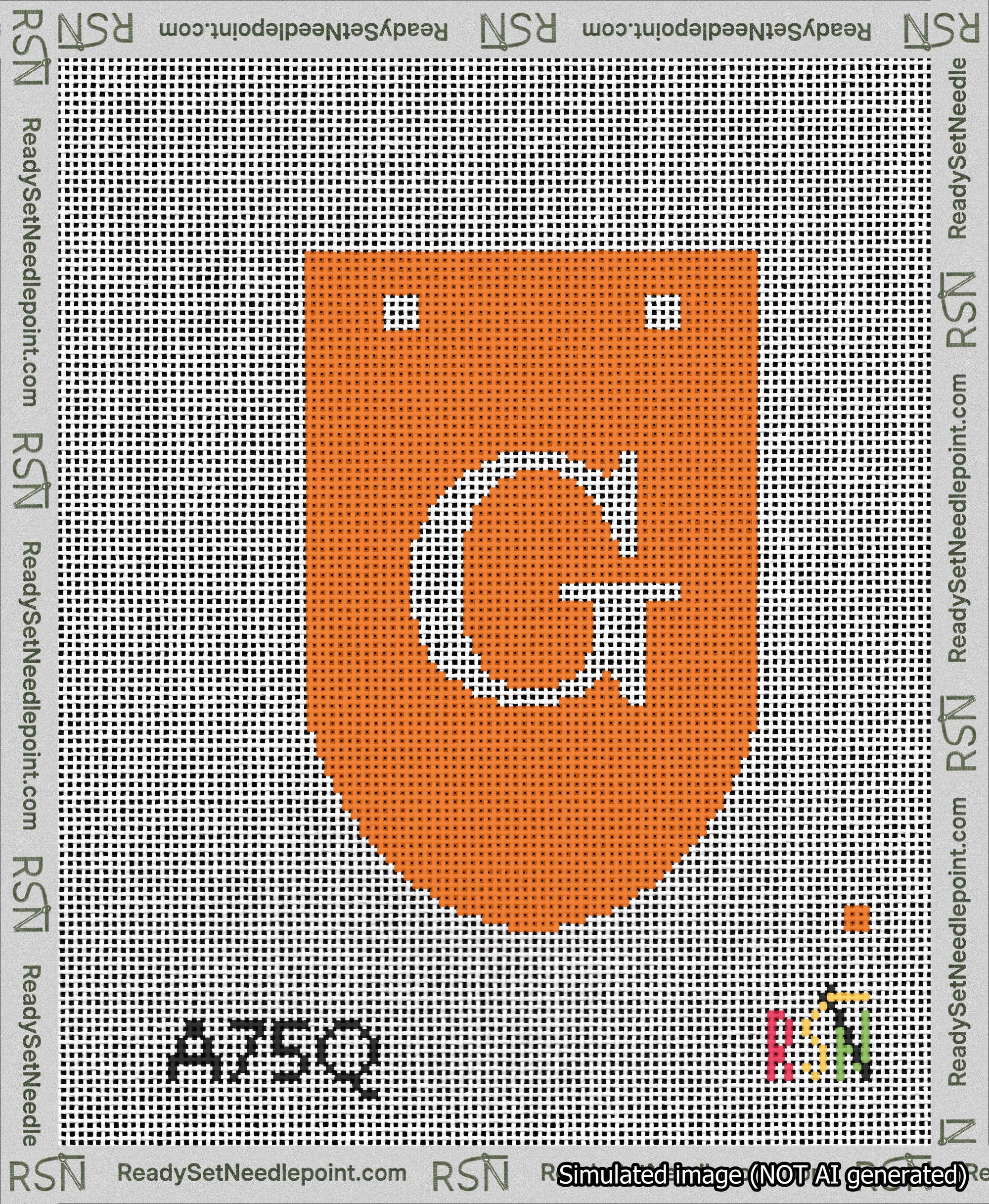 A taped needlepoint canvas with the design: Banner 13 mesh count Rounded G White on Orange.