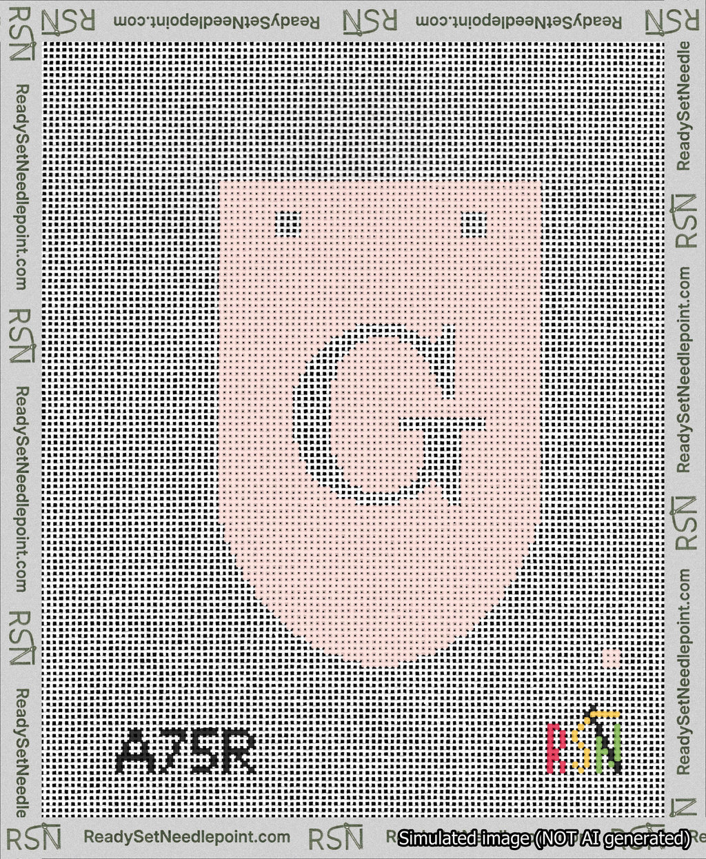 A taped needlepoint canvas with the design: Banner 13 mesh count Rounded G White on Pink.