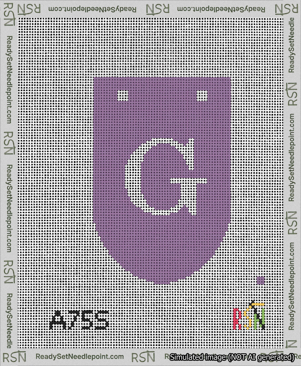 A taped needlepoint canvas with the design: Banner 13 mesh count Rounded G White on Purple.