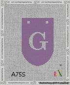 A taped needlepoint canvas with the design: Banner 13 mesh count Rounded G White on Purple.