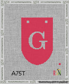 A taped needlepoint canvas with the design: Banner 13 mesh count Rounded G White on Red.