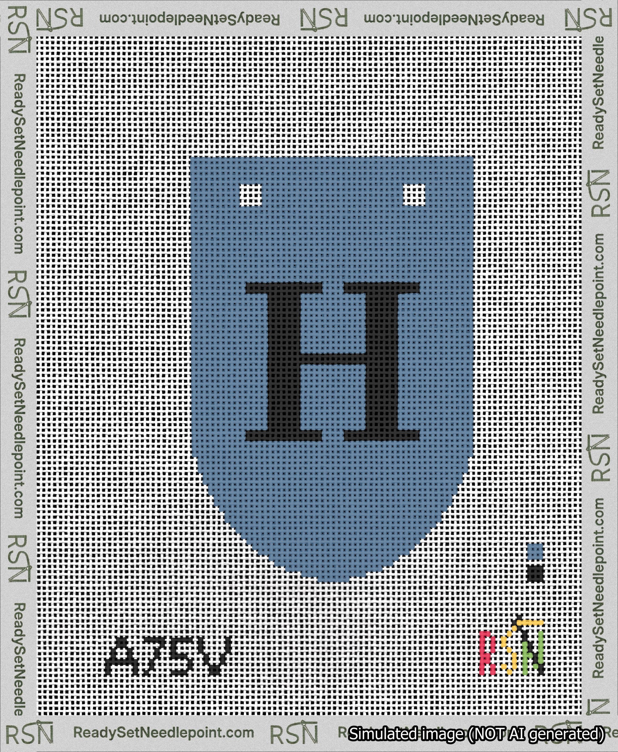 A taped needlepoint canvas with the design: Banner 13 mesh count Rounded H Black on Blue.