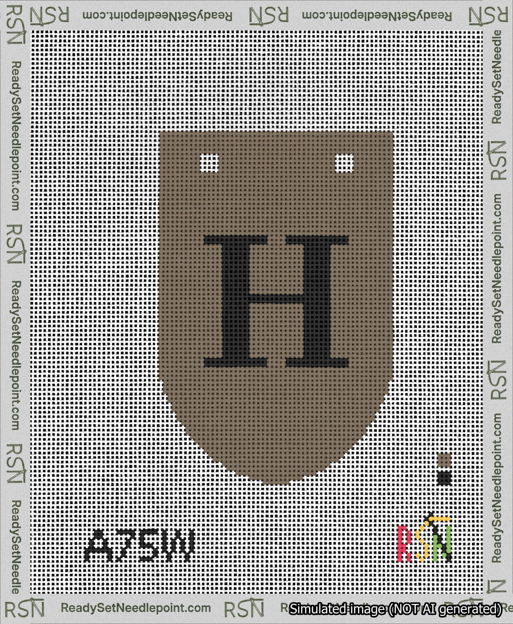 A taped needlepoint canvas with the design: Banner 13 mesh count Rounded H Black on Brown.