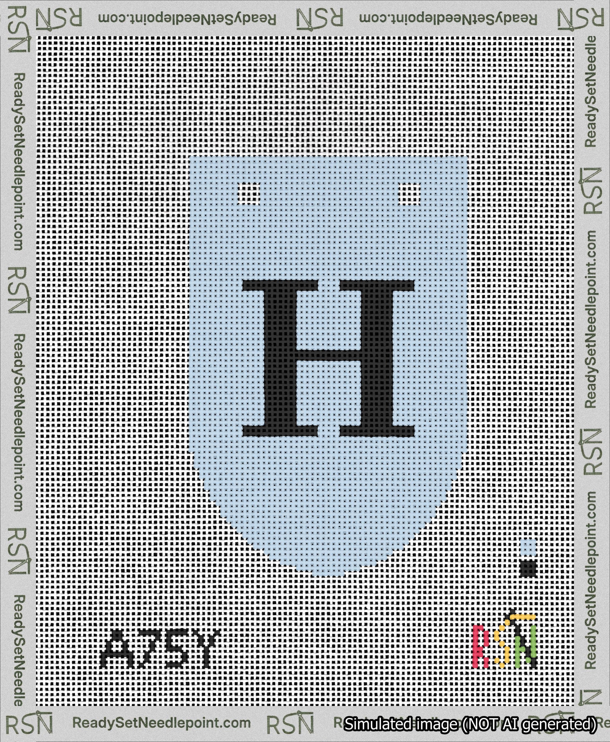 A taped needlepoint canvas with the design: Banner 13 mesh count Rounded H Black on Light Blue.