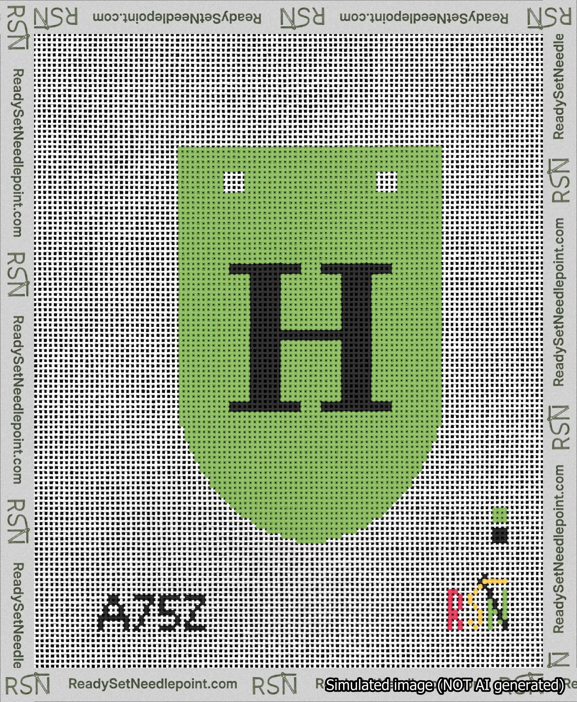 A taped needlepoint canvas with the design: Banner 13 mesh count Rounded H Black on Light Green.