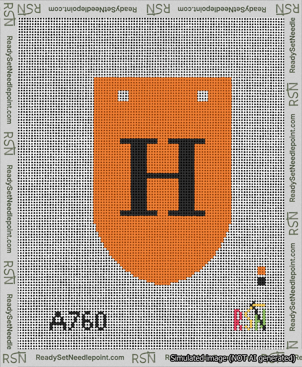 A taped needlepoint canvas with the design: Banner 13 mesh count Rounded H Black on Orange.