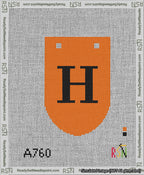A taped needlepoint canvas with the design: Banner 13 mesh count Rounded H Black on Orange.