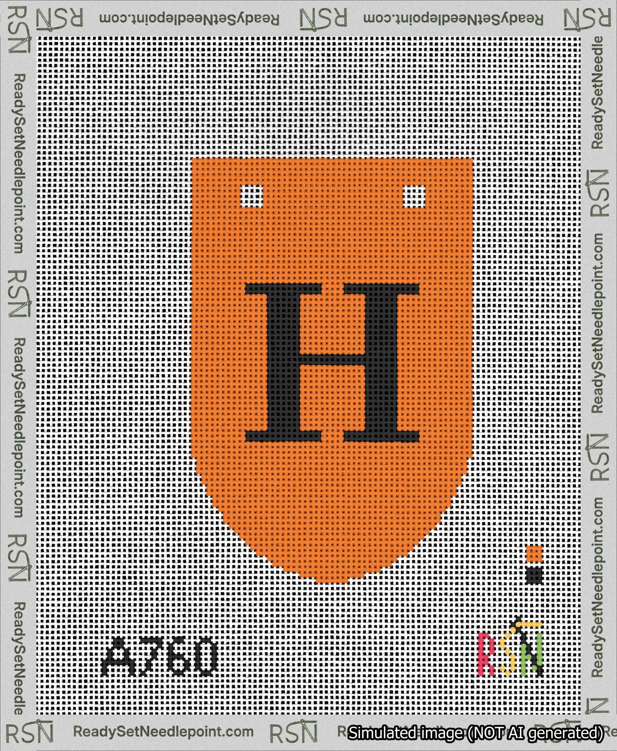 A taped needlepoint canvas with the design: Banner 13 mesh count Rounded H Black on Orange.