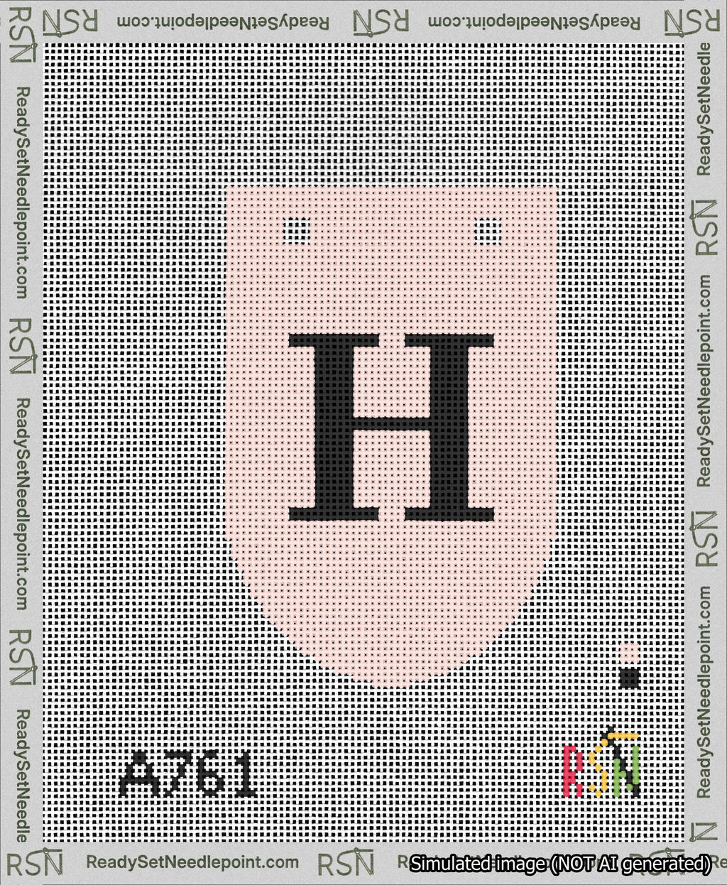 A taped needlepoint canvas with the design: Banner 13 mesh count Rounded H Black on Pink.