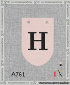 A taped needlepoint canvas with the design: Banner 13 mesh count Rounded H Black on Pink.