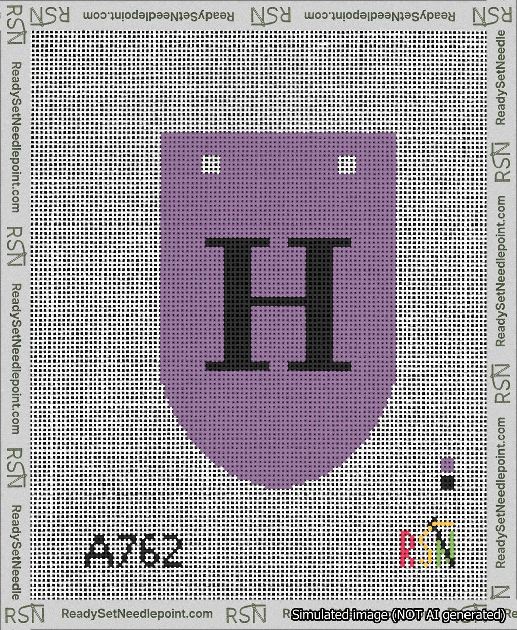 A taped needlepoint canvas with the design: Banner 13 mesh count Rounded H Black on Purple.