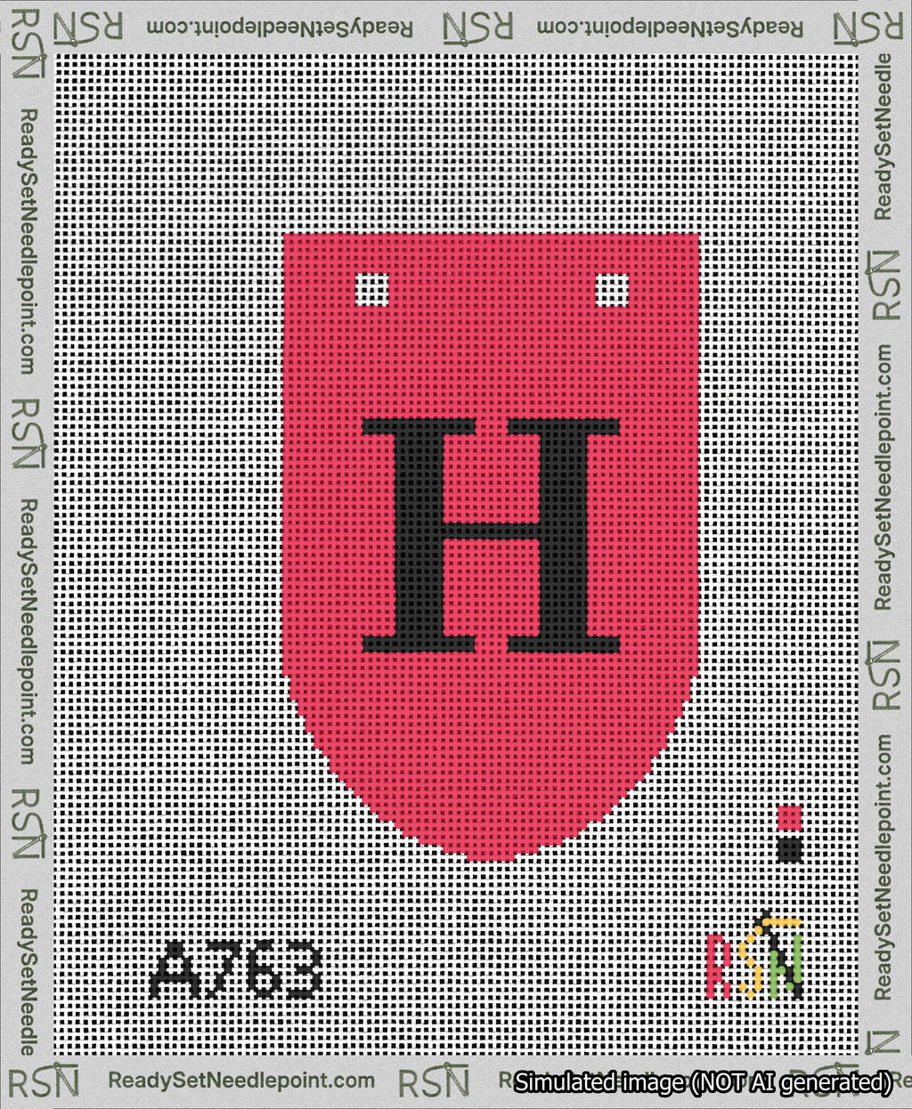A taped needlepoint canvas with the design: Banner 13 mesh count Rounded H Black on Red.