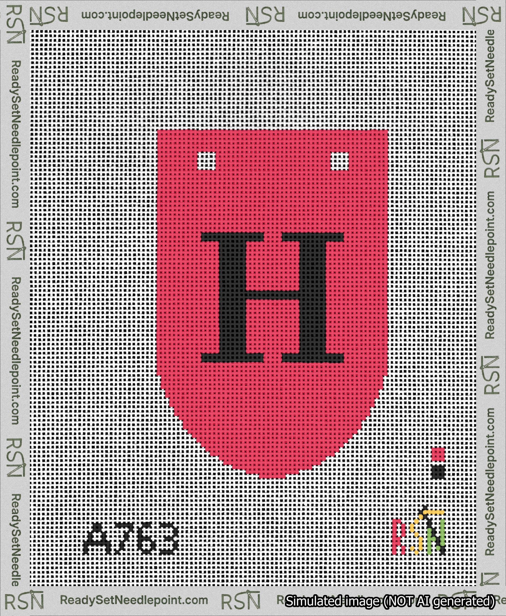 A taped needlepoint canvas with the design: Banner 13 mesh count Rounded H Black on Red.
