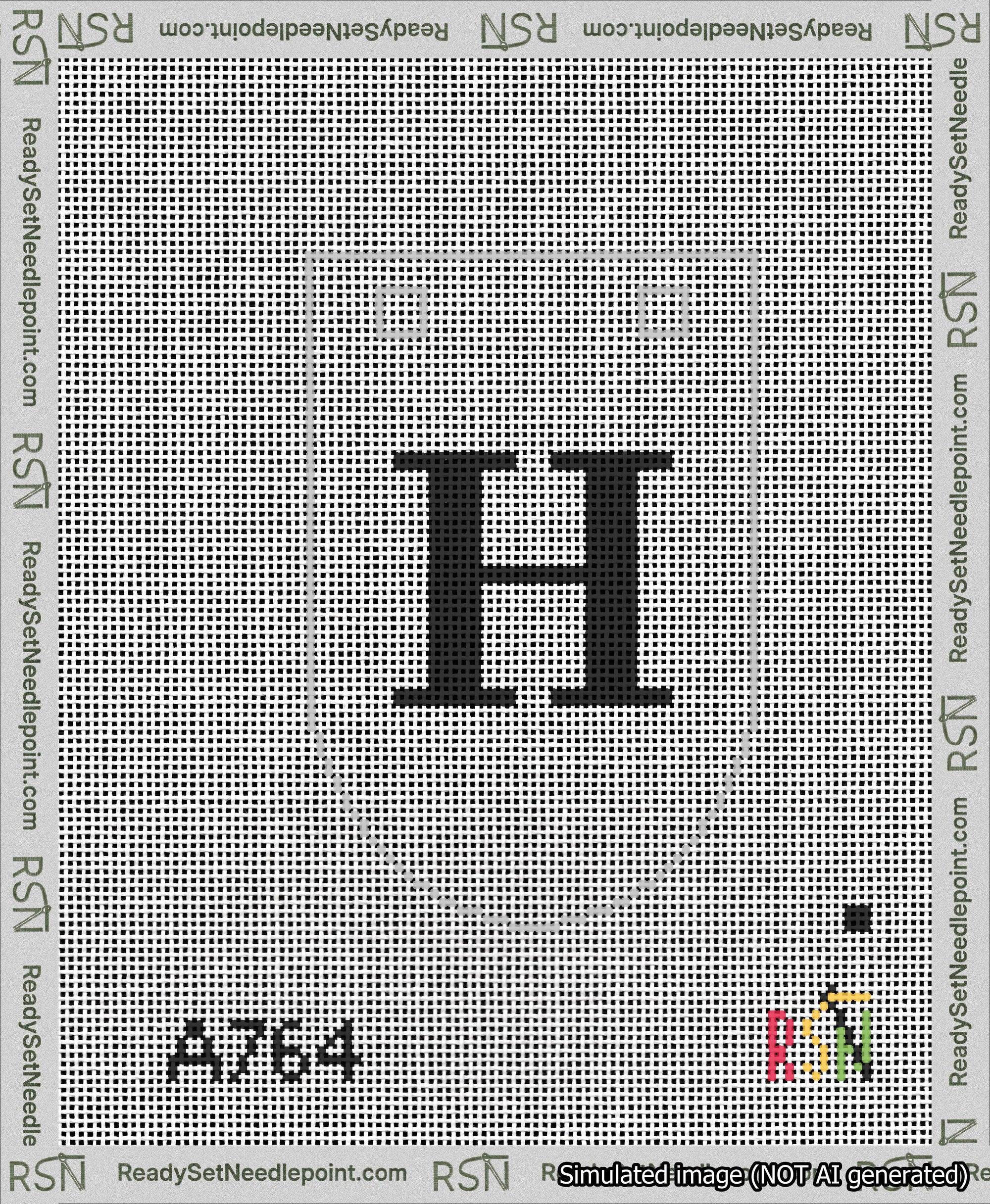 A taped needlepoint canvas with the design: Banner 13 mesh count Rounded H Black on White.