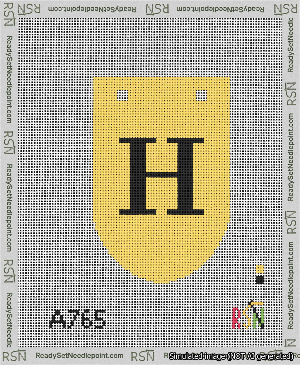 A taped needlepoint canvas with the design: Banner 13 mesh count Rounded H Black on Yellow.