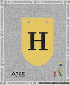 A taped needlepoint canvas with the design: Banner 13 mesh count Rounded H Black on Yellow.