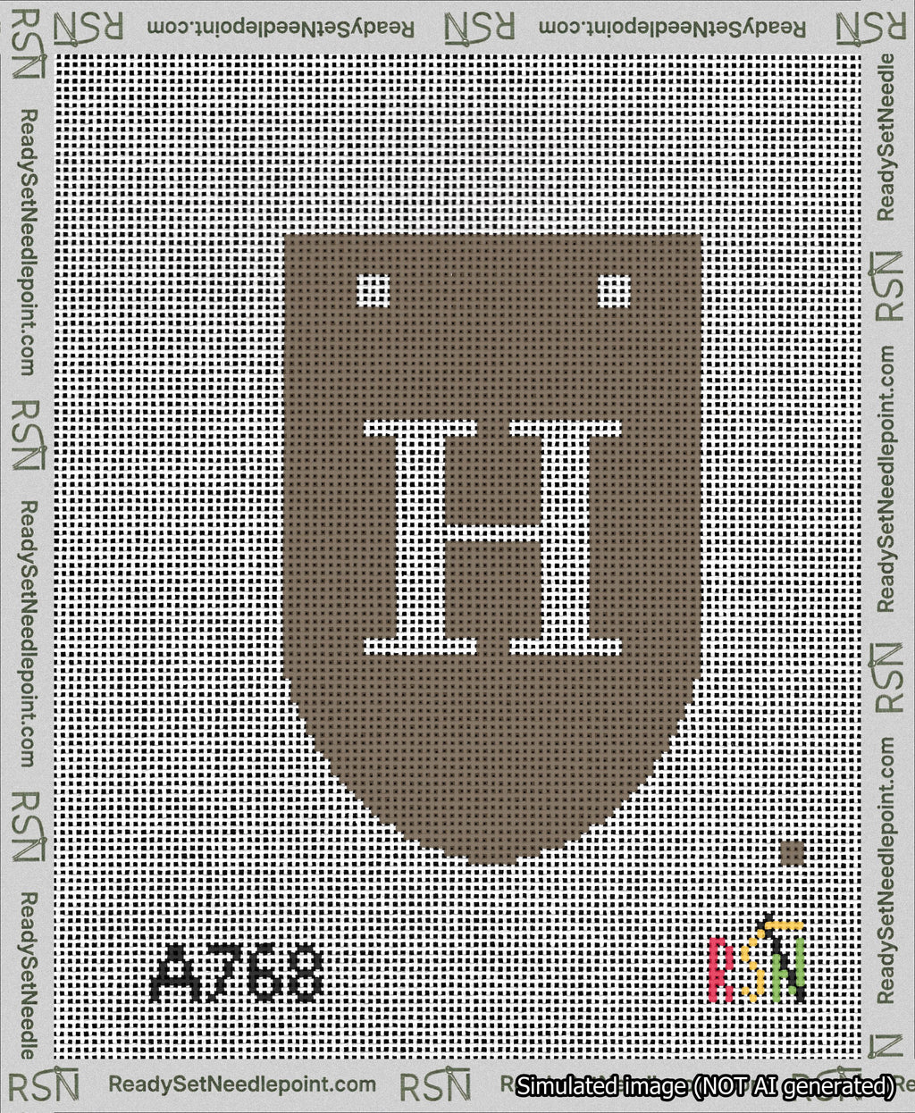 A taped needlepoint canvas with the design: Banner 13 mesh count Rounded H White on Brown.
