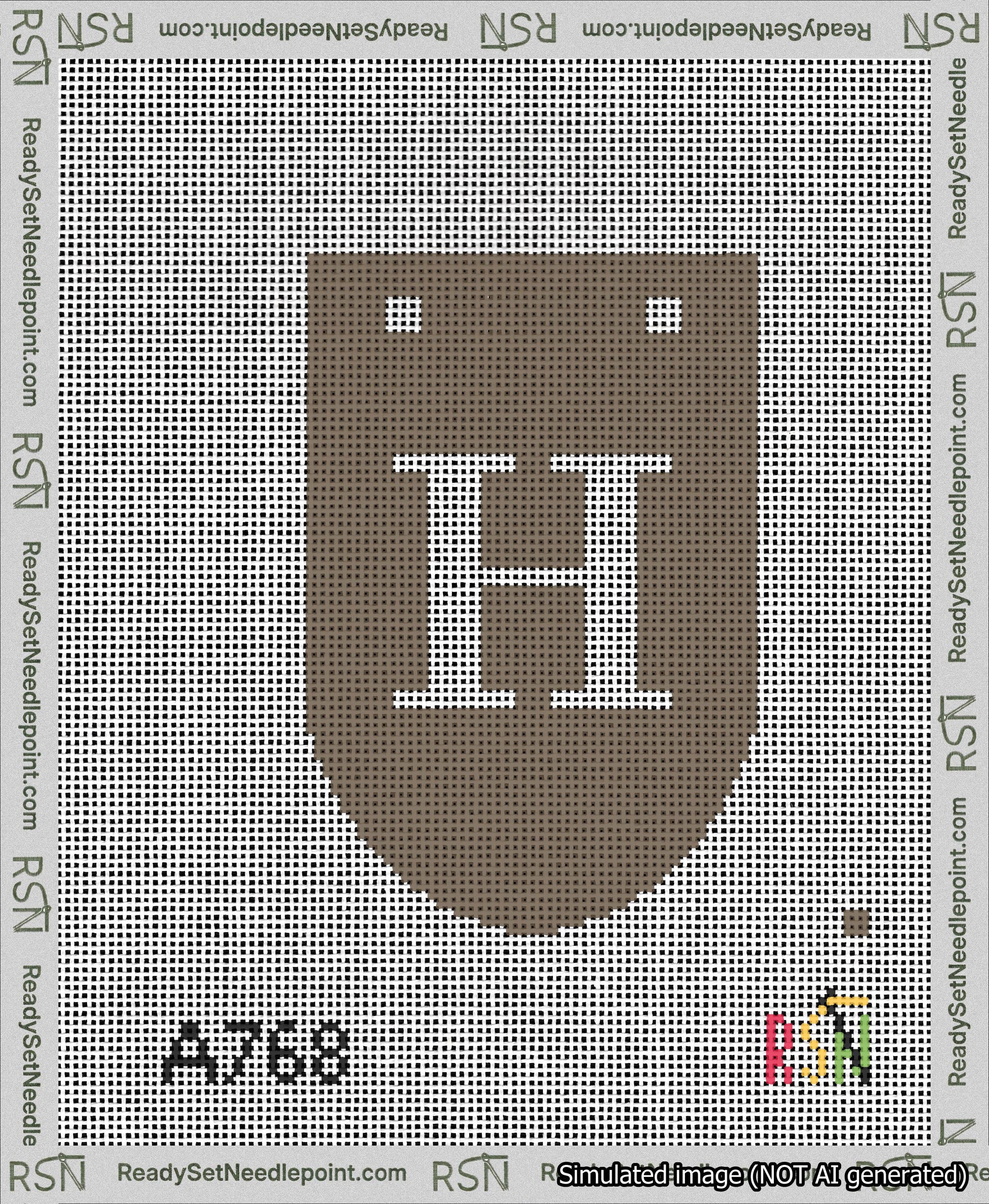 A taped needlepoint canvas with the design: Banner 13 mesh count Rounded H White on Brown.