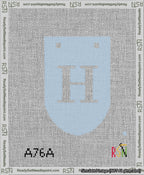A taped needlepoint canvas with the design: Banner 13 mesh count Rounded H White on Light Blue.