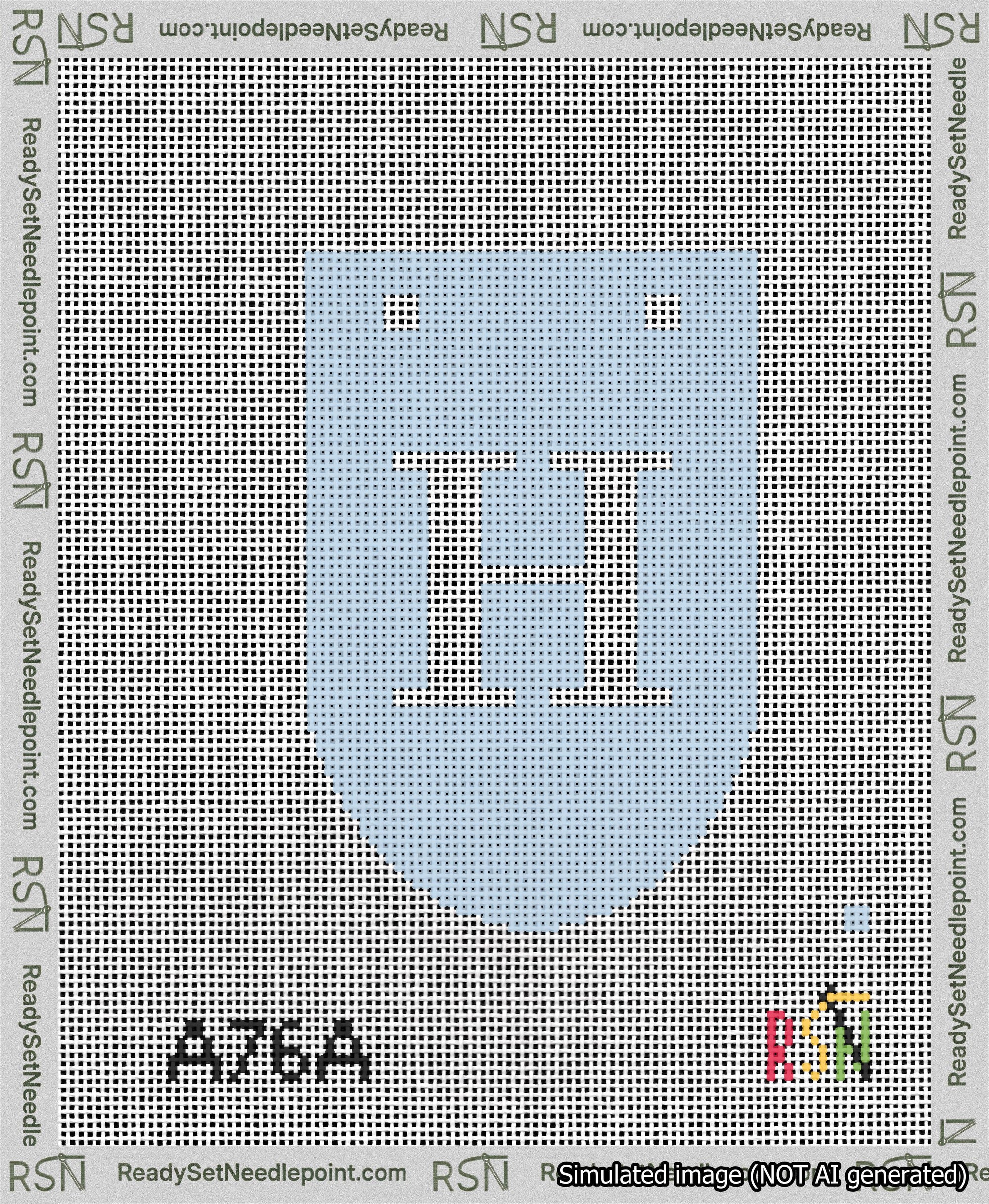 A taped needlepoint canvas with the design: Banner 13 mesh count Rounded H White on Light Blue.