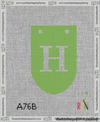 A taped needlepoint canvas with the design: Banner 13 mesh count Rounded H White on Light Green.
