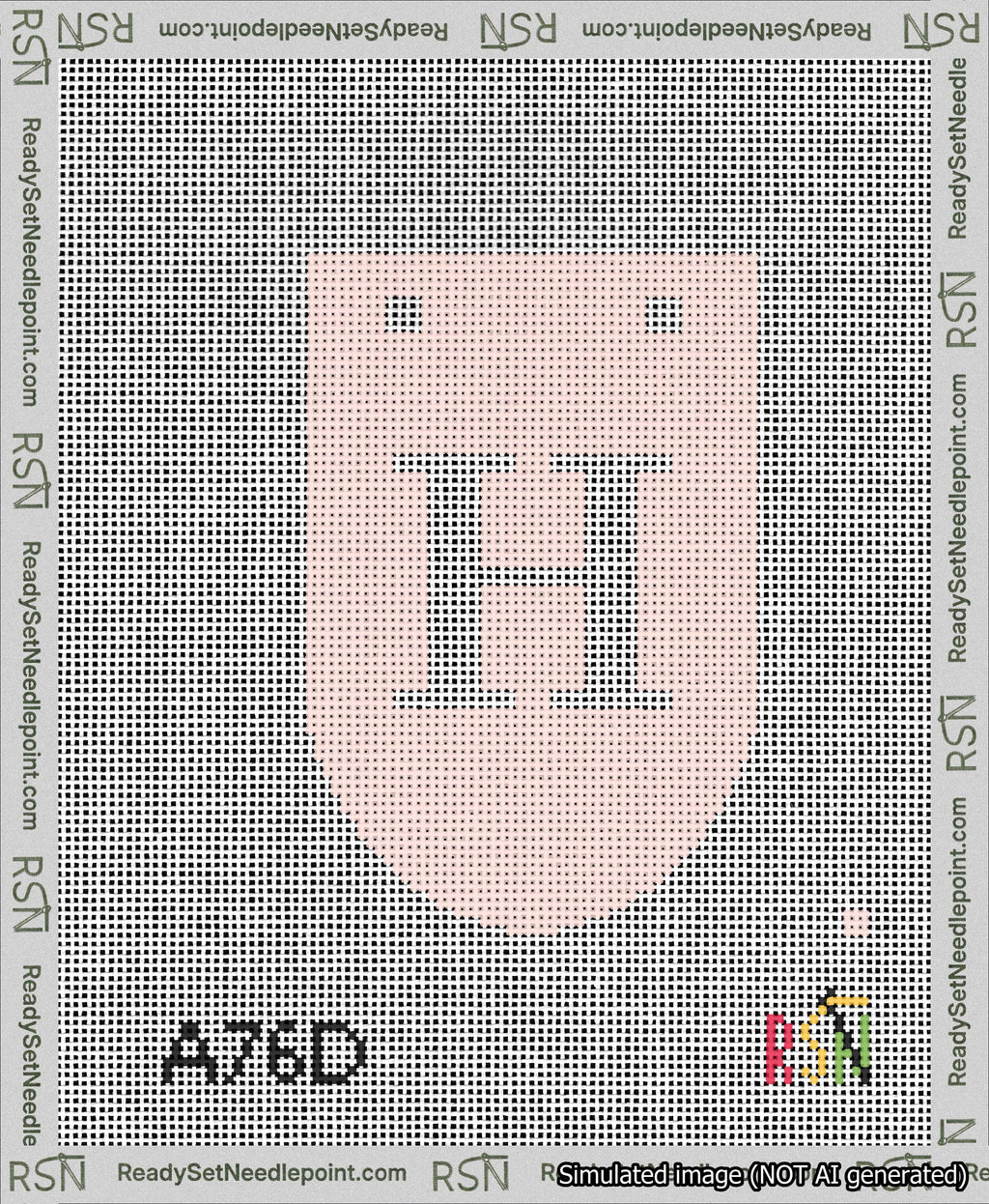 A taped needlepoint canvas with the design: Banner 13 mesh count Rounded H White on Pink.