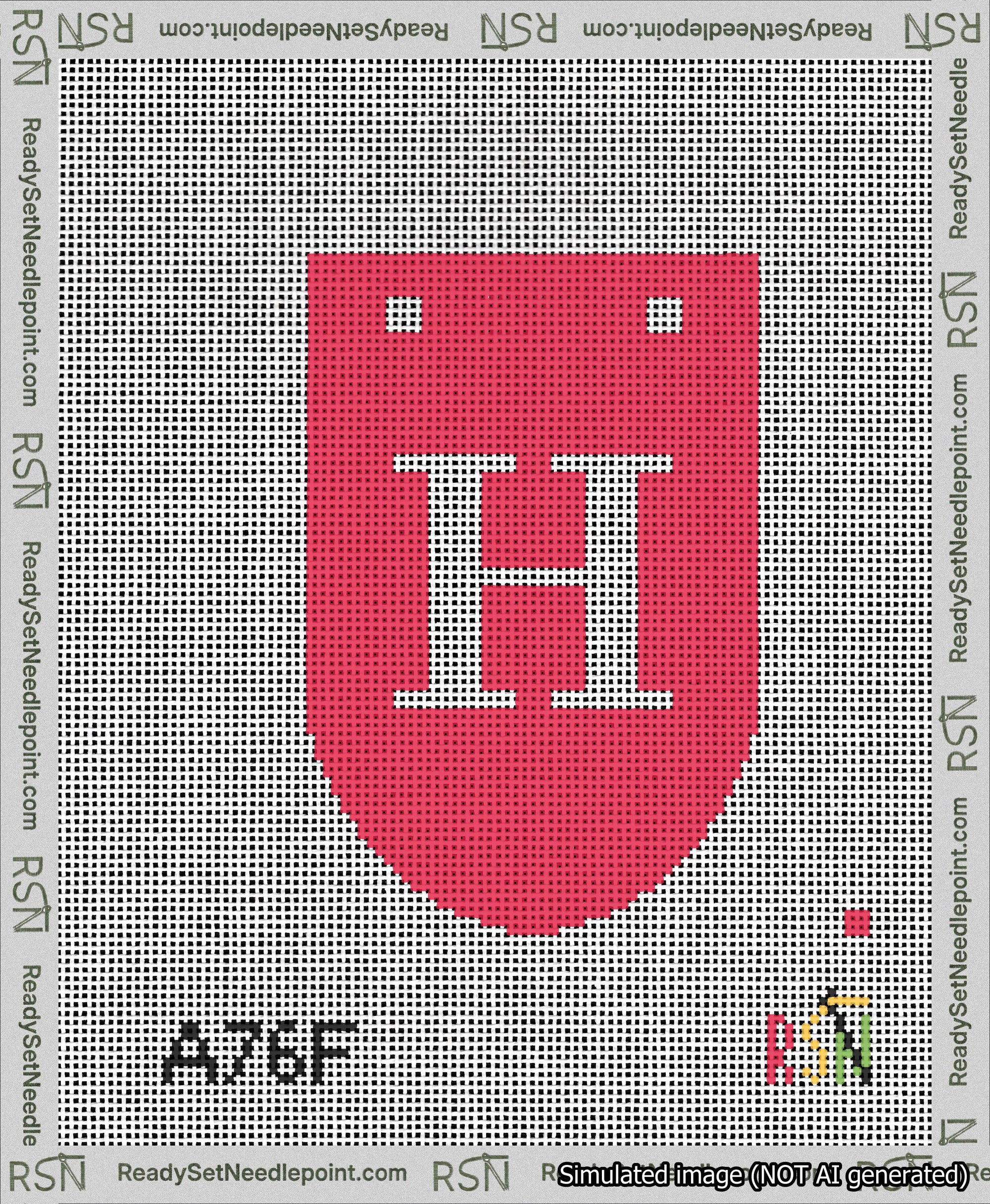 A taped needlepoint canvas with the design: Banner 13 mesh count Rounded H White on Red.