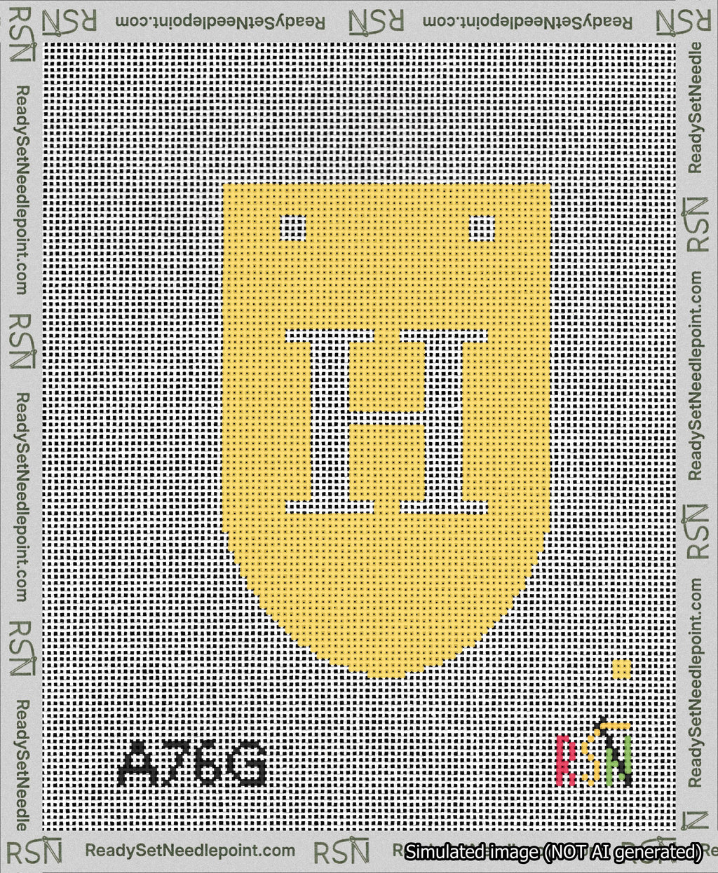 A taped needlepoint canvas with the design: Banner 13 mesh count Rounded H White on Yellow.