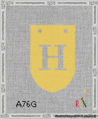 A taped needlepoint canvas with the design: Banner 13 mesh count Rounded H White on Yellow.